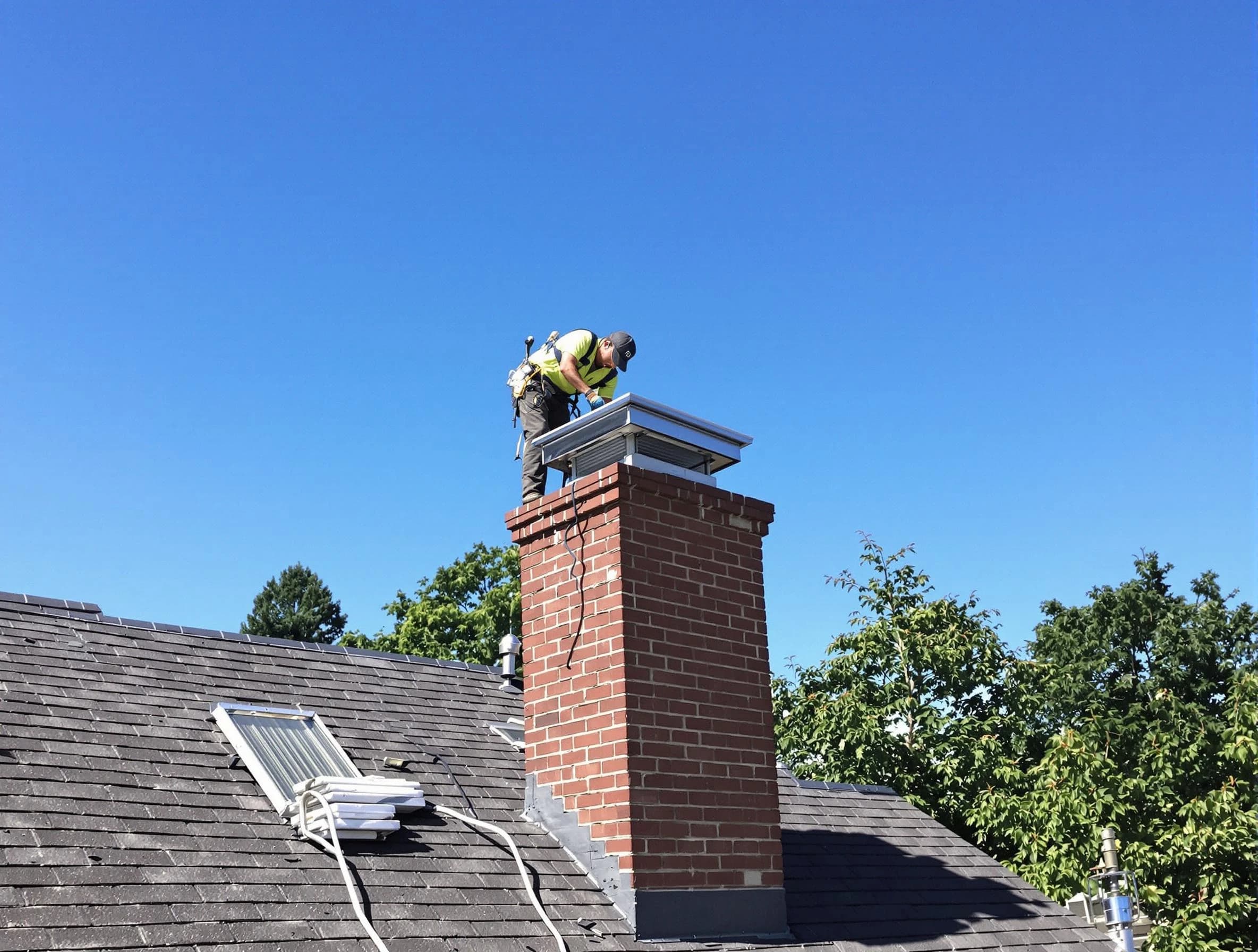 Brentwood Chimney Sweep technician measuring a chimney cap in Brentwood, PA
